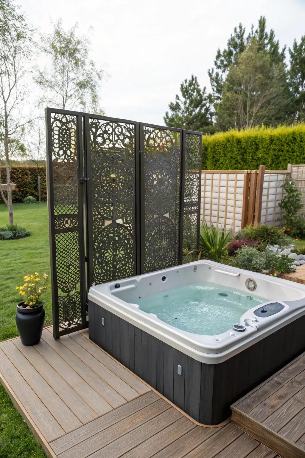 Decorative partitions add a personalized and artistic touch to hot tub privacy.