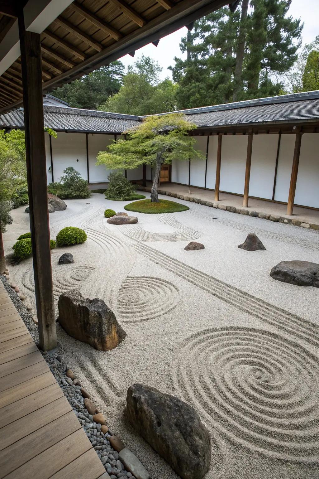 A Zen garden corner provides a serene space for relaxation.