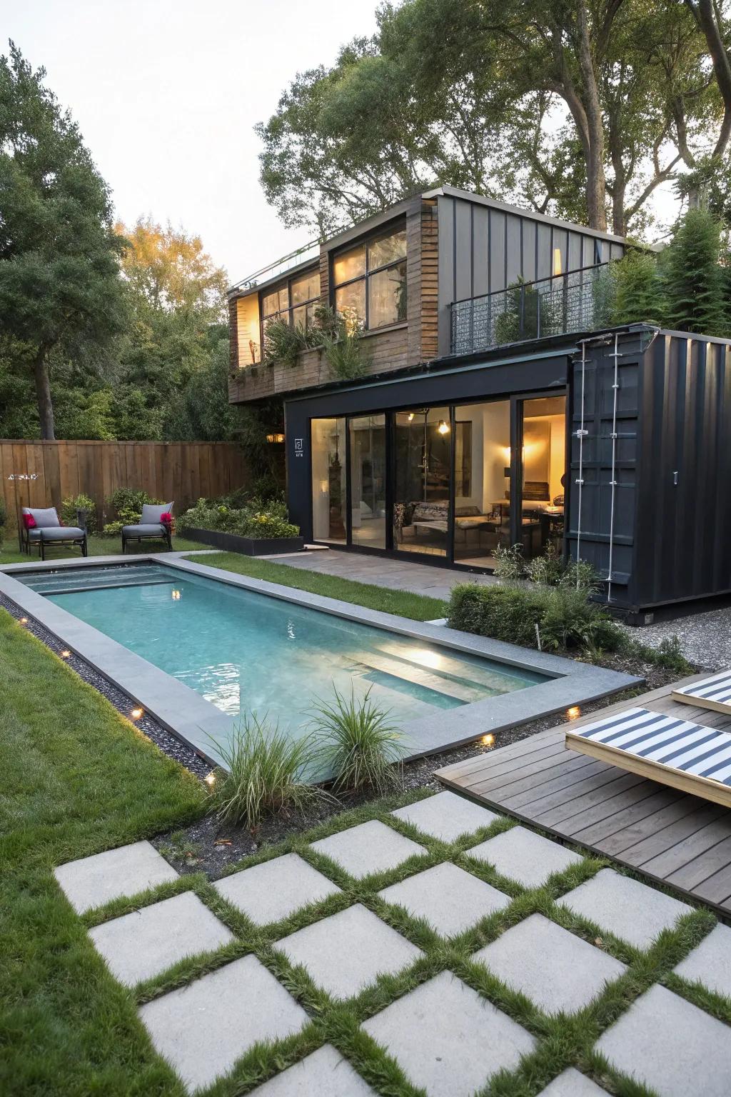 A repurposed container pool delivers a distinctive and modern accent.