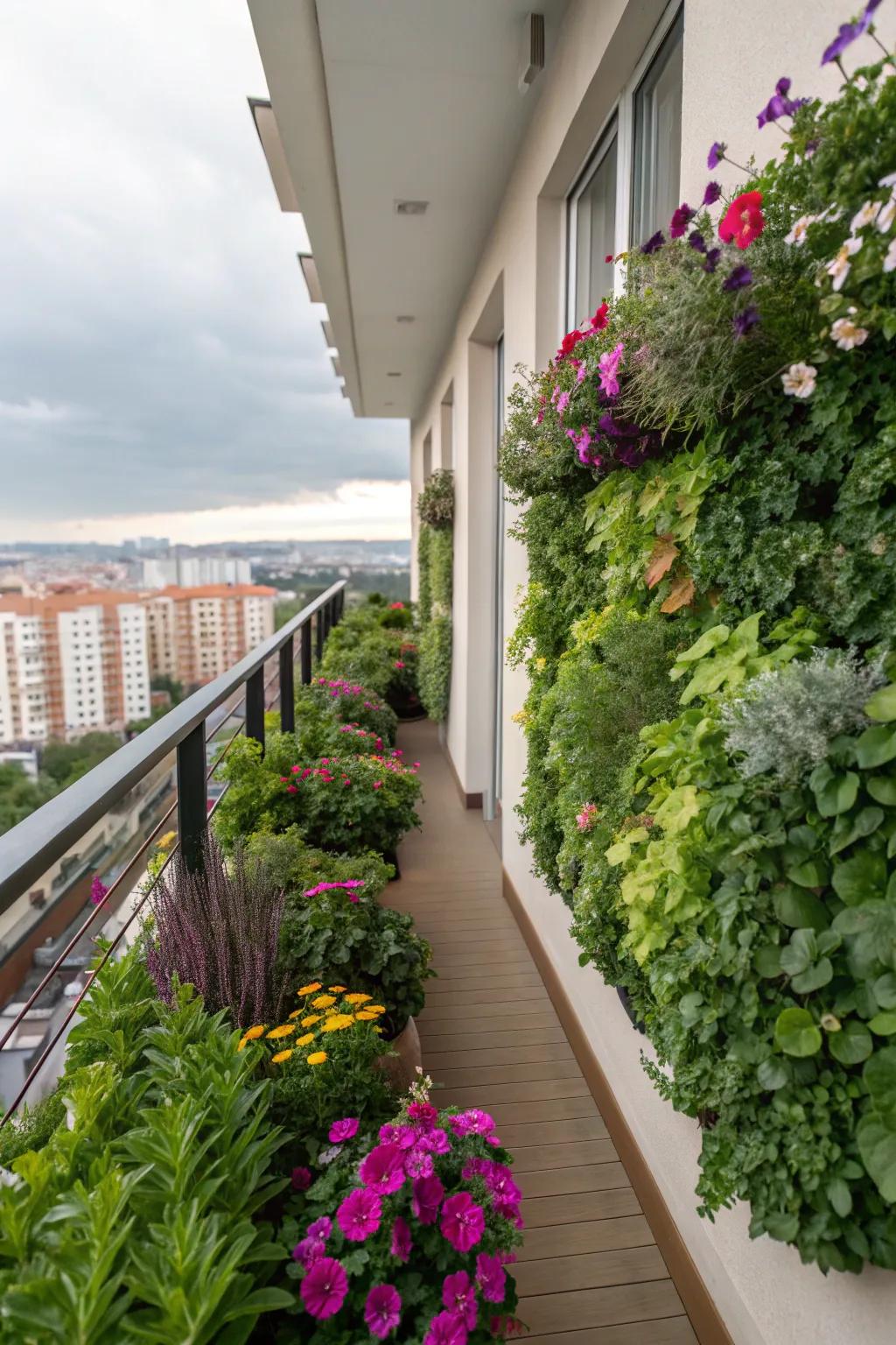 Verdant flora walls bring greenery and freshness to your balcony.