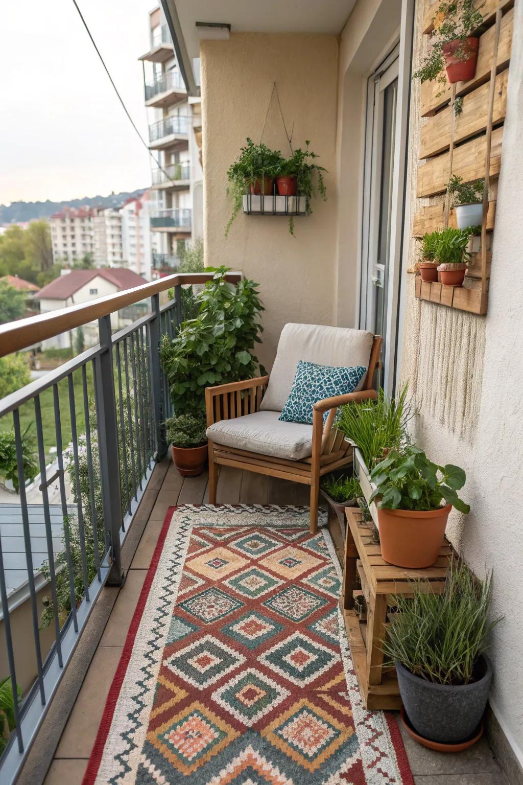 An outdoor rug introduces definition and warmth to your balcony layout.