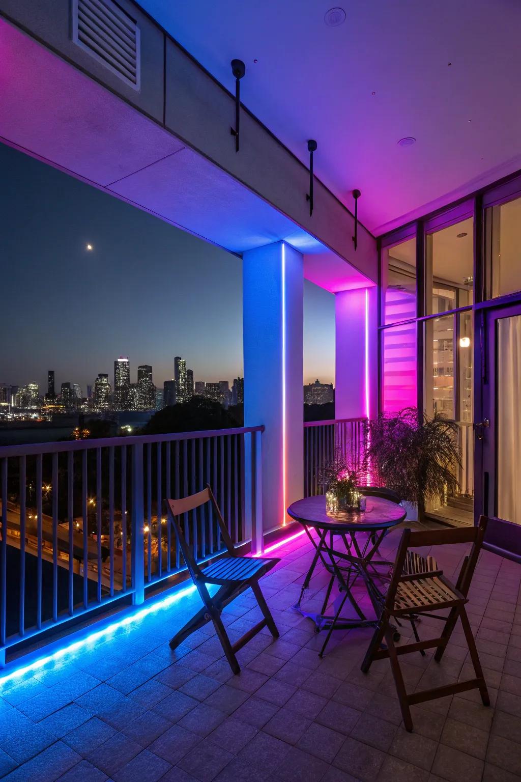 Hue-shifting LED lights permit adaptable and vibrant balcony illumination.