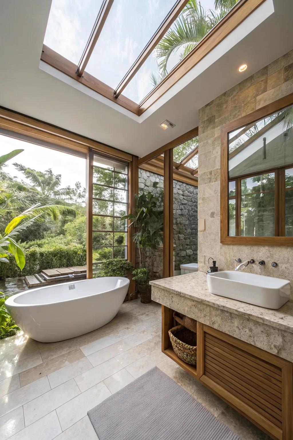 Skylights and expansive windows encourage copious amounts of sunlight.