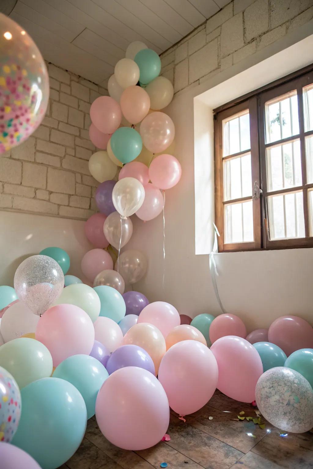 The pairing of large and small balloons crafts an energetic decoration.