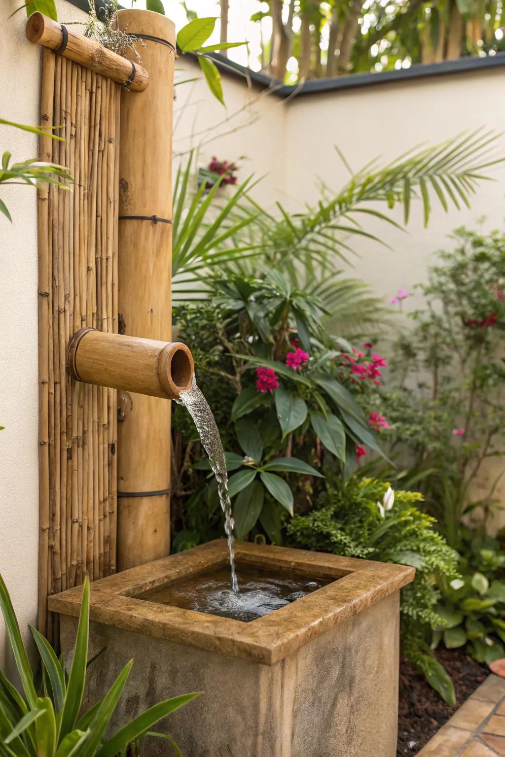 A wall-mounted bamboo water feature designed to save space.