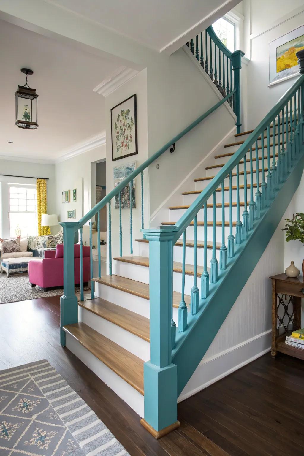 A brightly painted banister adds a splash of color.