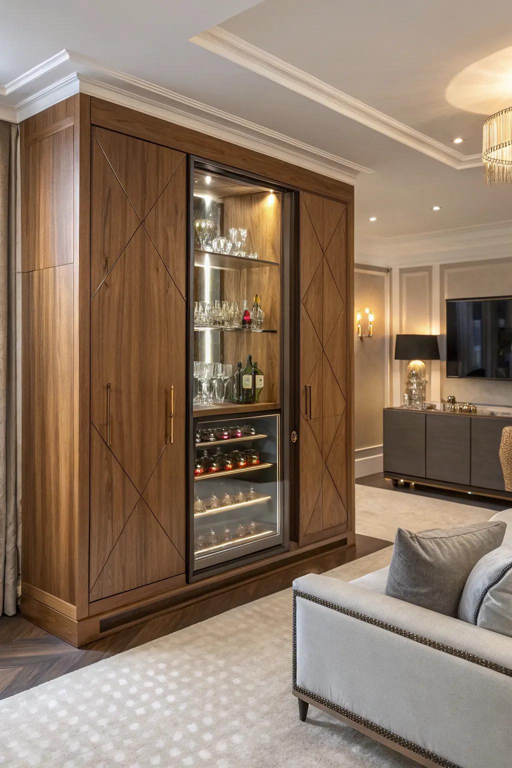 A streamlined and neat design for a concealed bar cabinet.