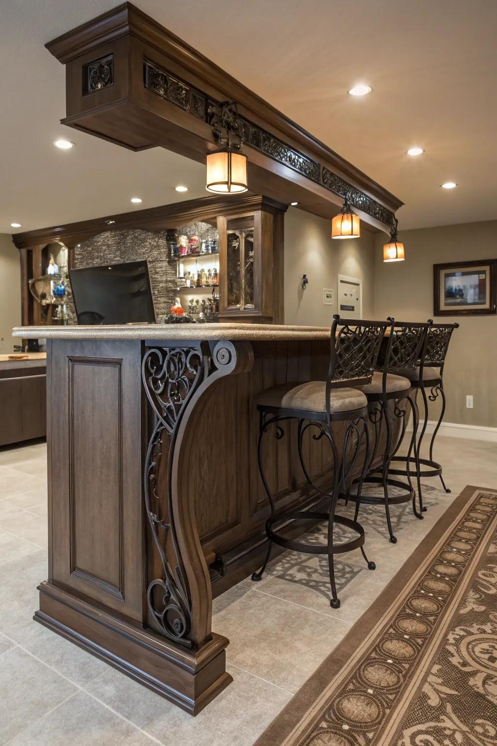 Artistic support brackets enriching this home bar's character.
