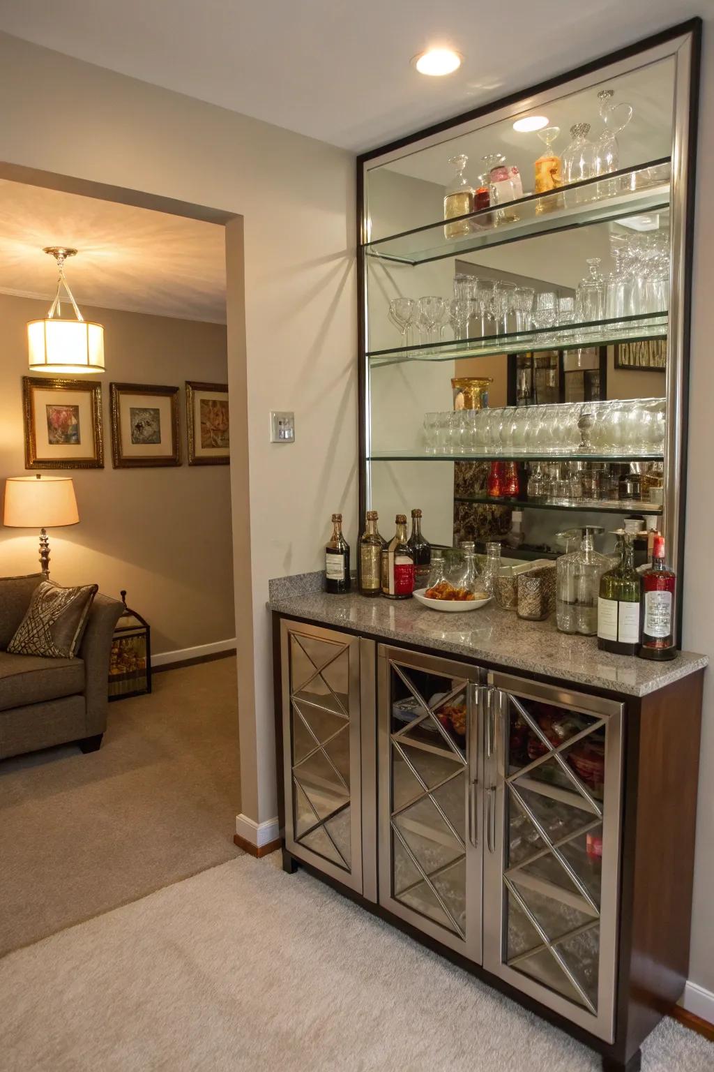 Small mirror-backed shelves take full advantage of restricted areas.