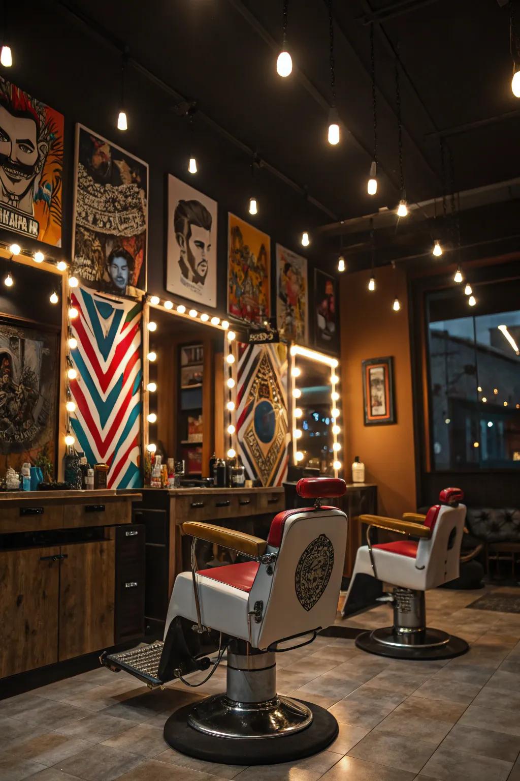 Accent lighting brings artistic elements to life in a barbershop.