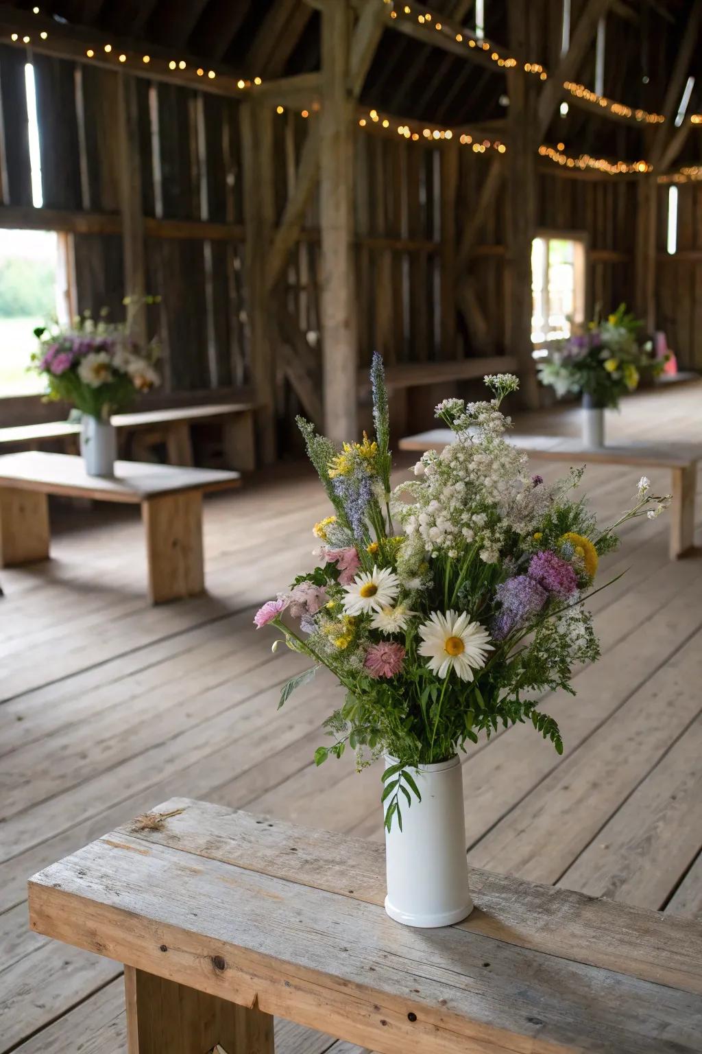Wildflowers bring a natural charm to the barn décor.