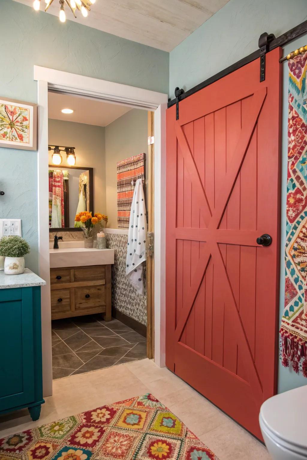 A painted barn door contributes a vibrant burst of color to any bathroom.