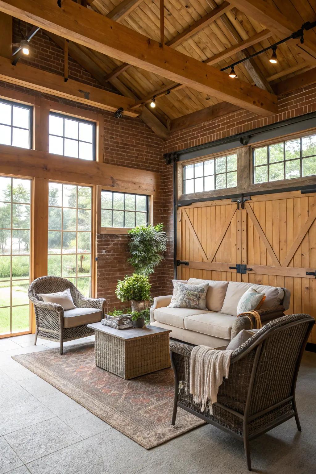 An inviting seating area encourages relaxation within this barn garage.