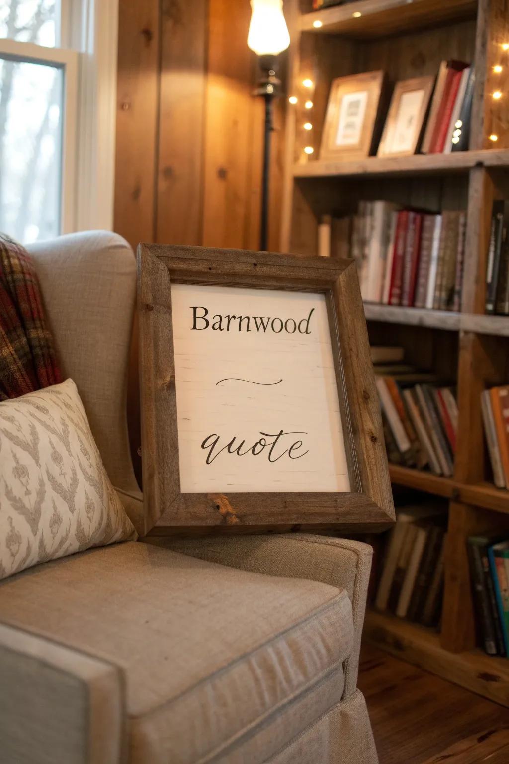 Repurposed wood-look frame with custom artwork and quote.