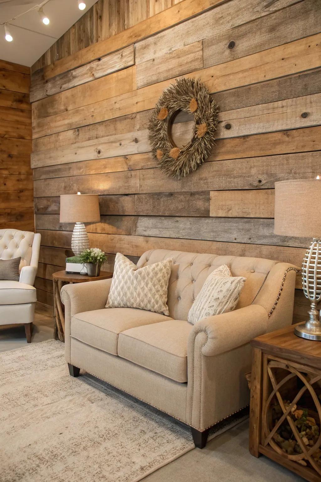 Neutral decor balancing a wood plank wall.