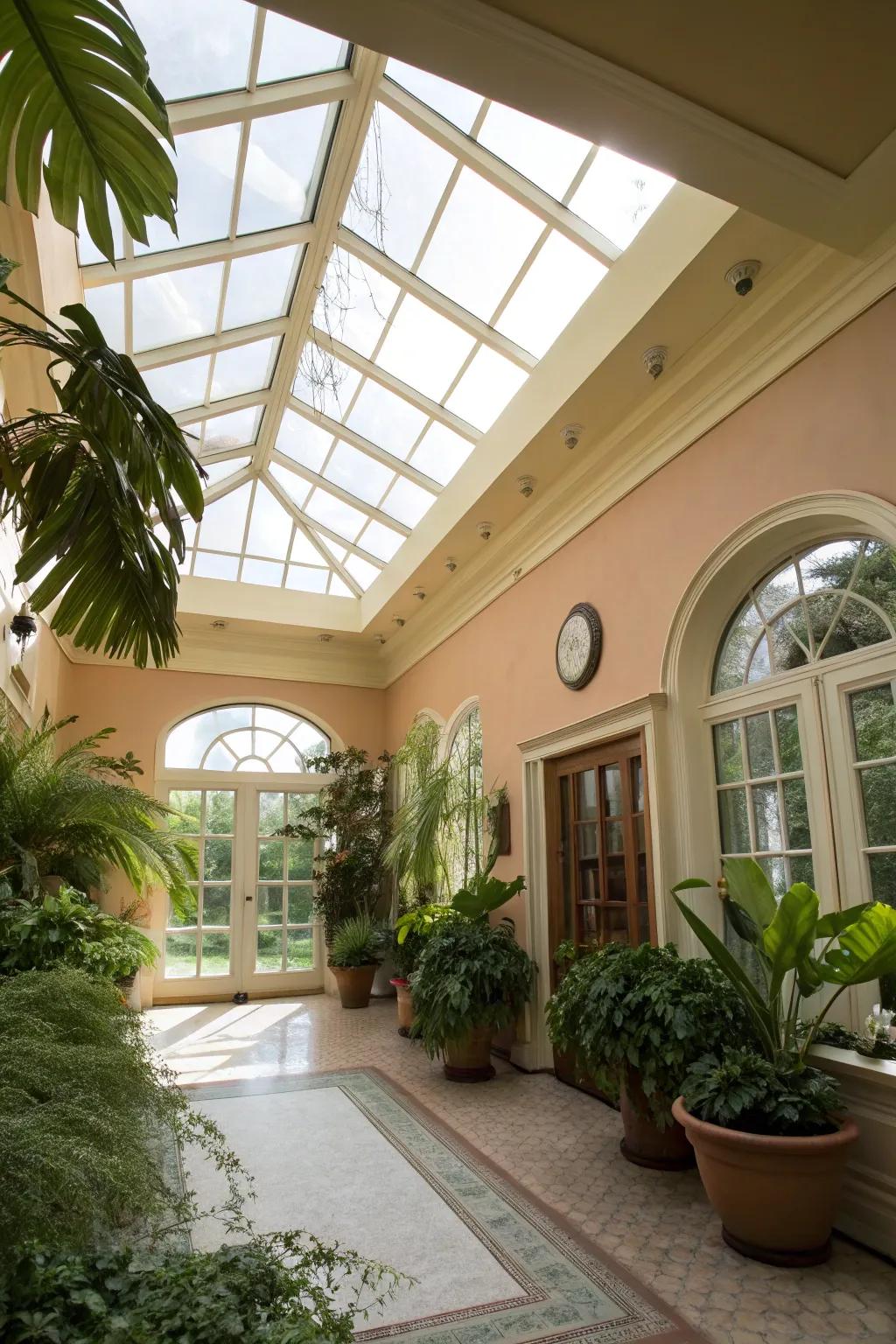 A sunlit area showcasing an arched ceiling enhanced by skylights.