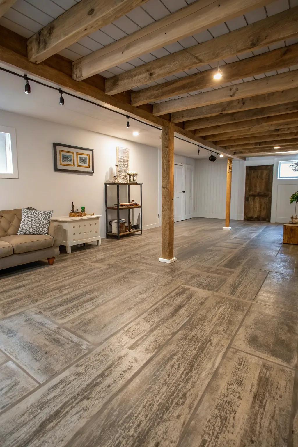 Concrete floors designed to look like wood offer both warmth and practicality in a minimalist setting.