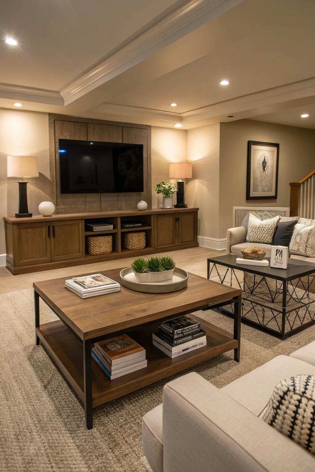 Additional furniture adds both style and function to this basement family room.