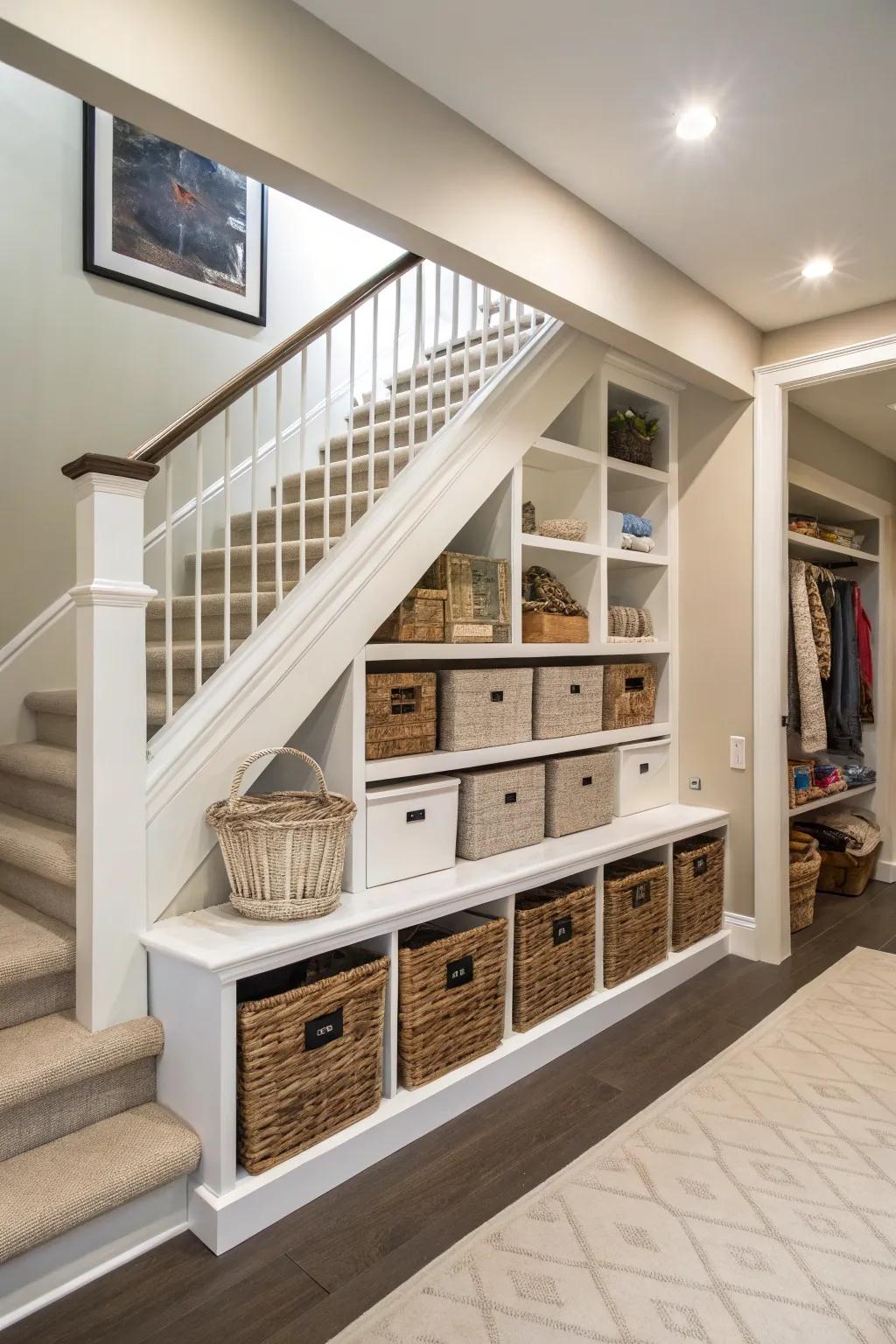 Under-stair storage offers practicality and style.