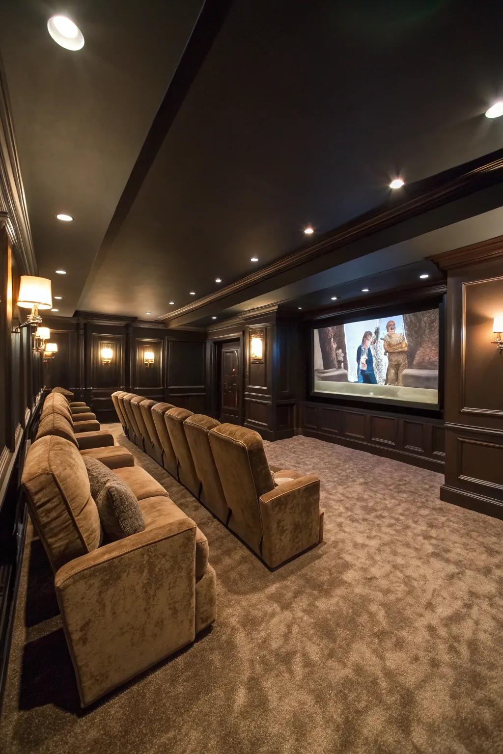 A deep shade scheme elevates the cinema atmosphere within your basement cinema.