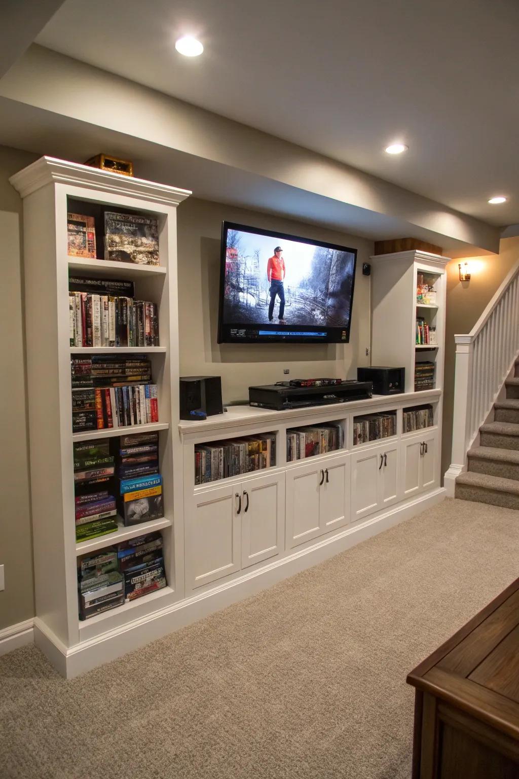A basement TV wall integrating media storage cabinets for an uncluttered entertainment space.