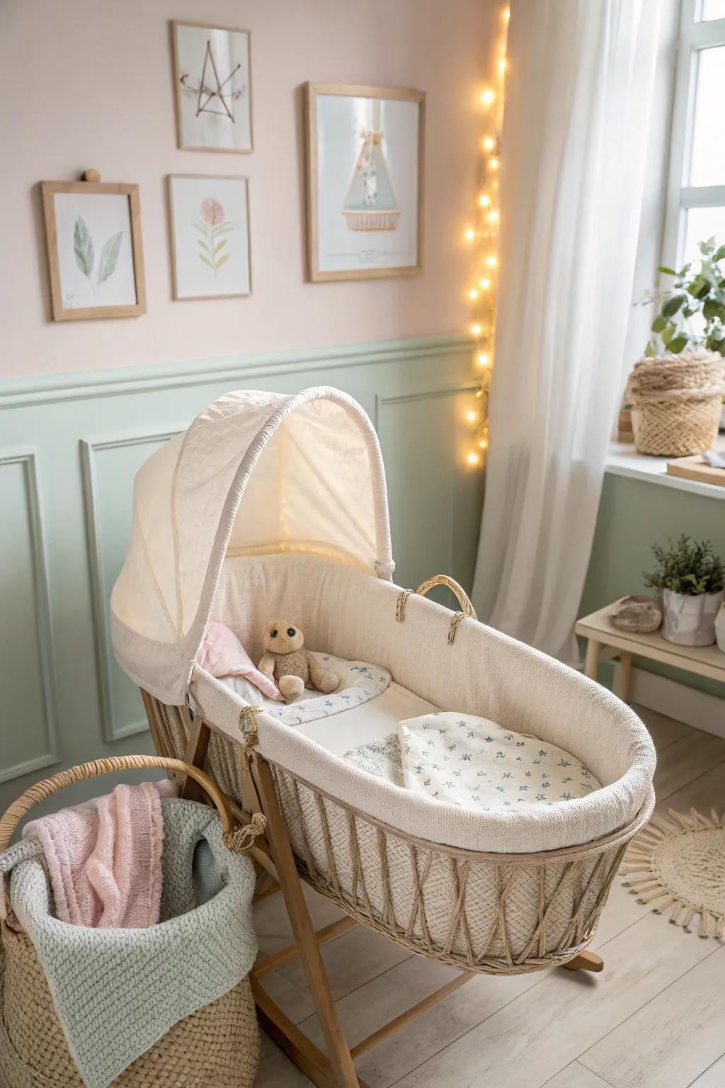 Cultivate a peaceful atmosphere with a neutral bassinet.