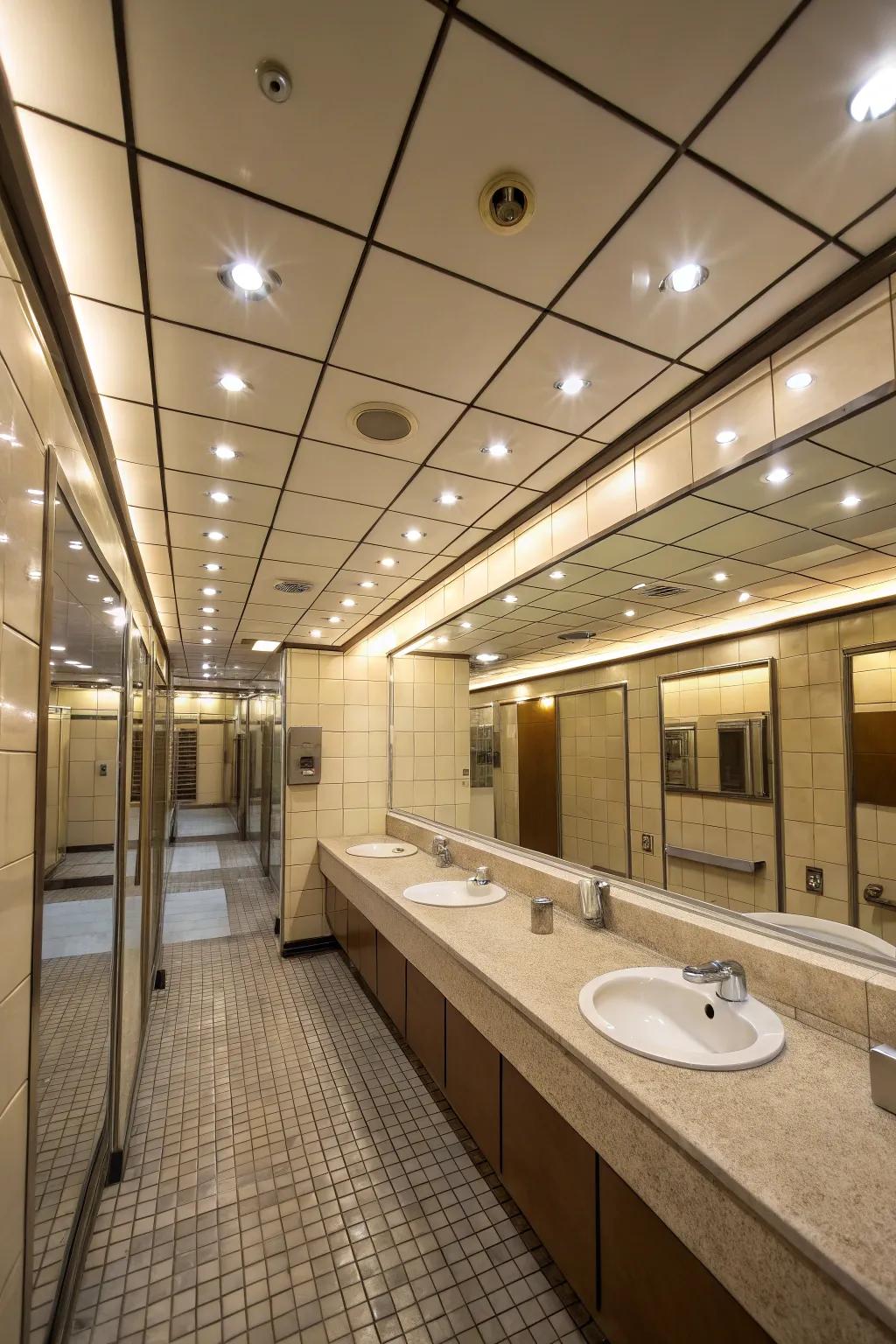Mirrored ceilings create the illusion of spaciousness, adding depth and brightness to the bathroom.