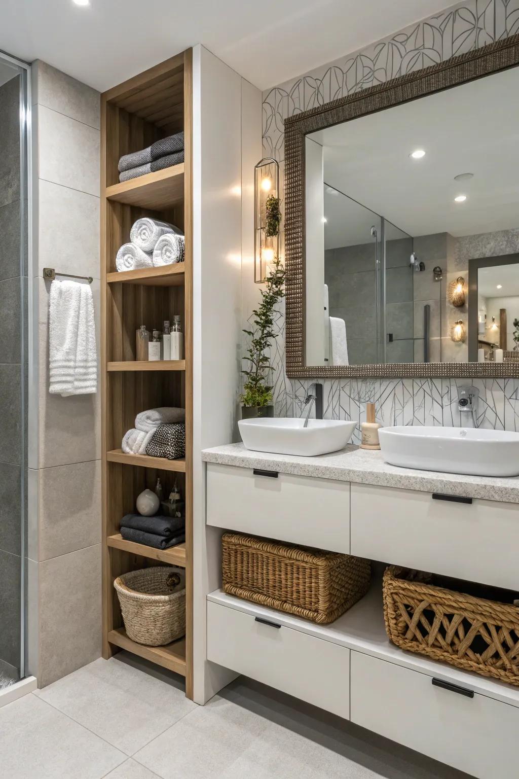 A bathroom layout that skillfully optimizes space by employing innovative storage solutions.