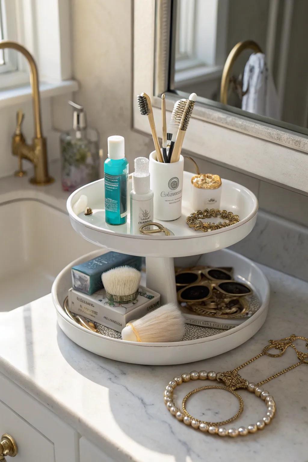 Tiered tray maximizing vertical storage.