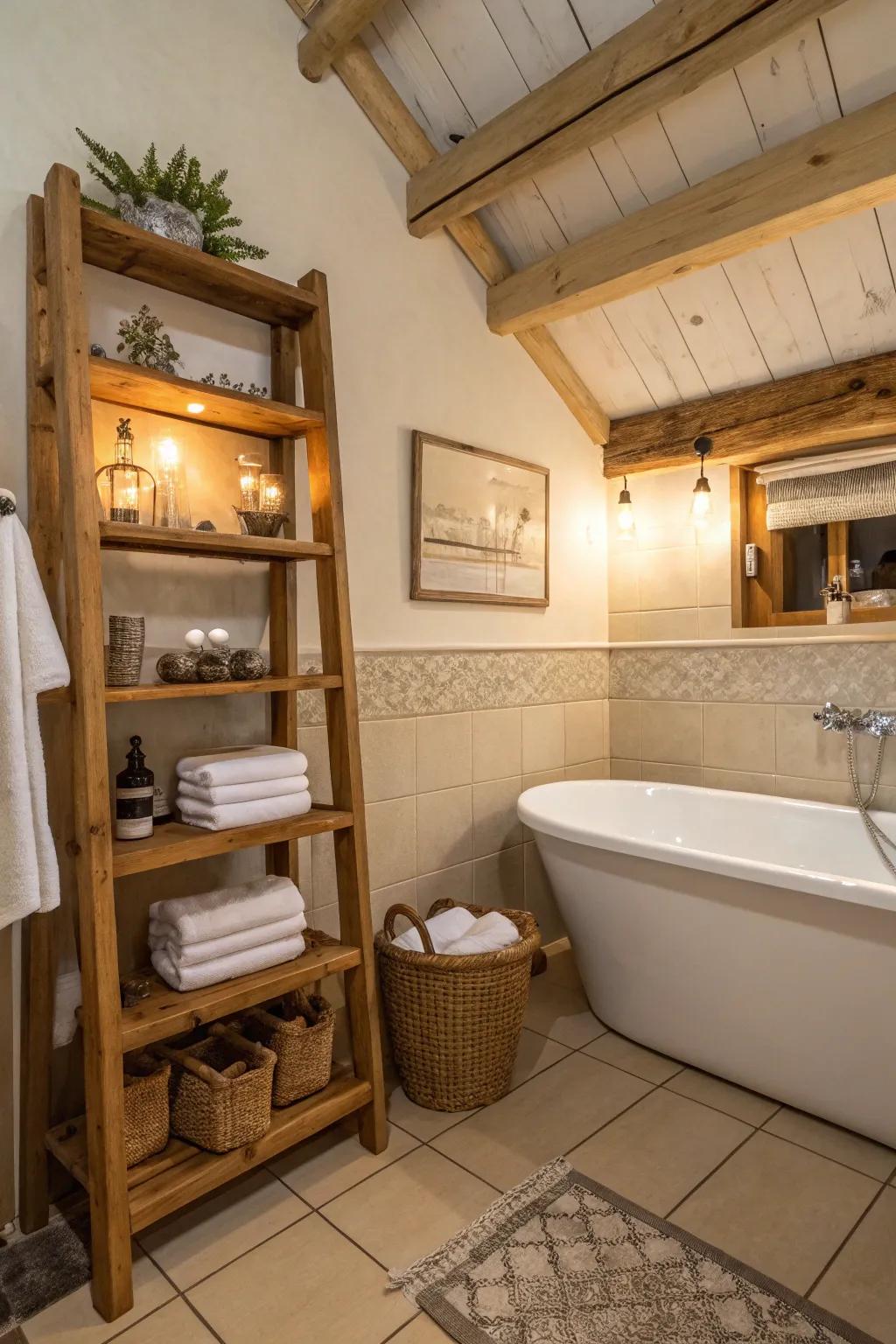 Timber details bring warmth to this bathroom with a bathtub.
