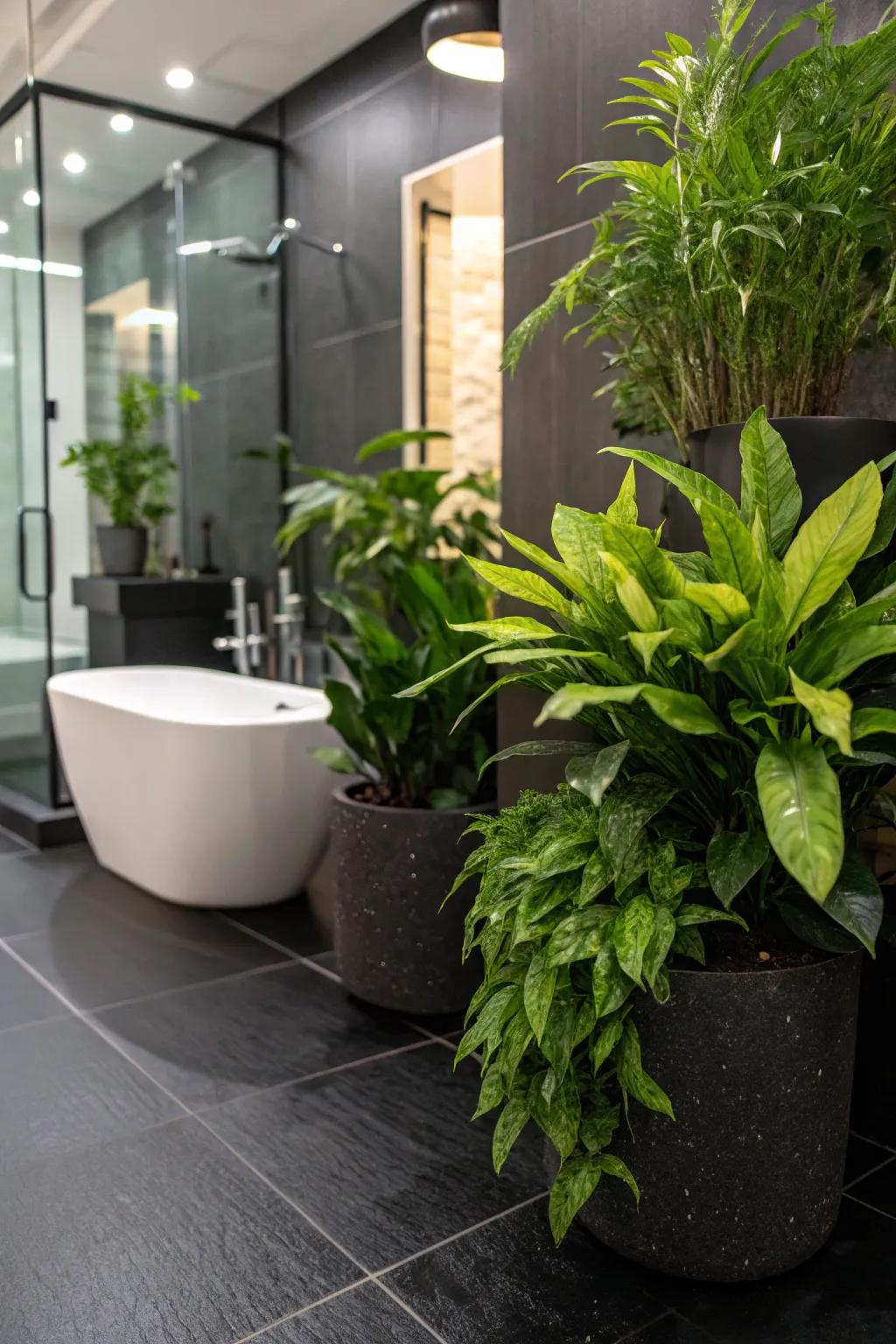 Lush foliage contributes a refreshing element to the elegance of a dark-toned floor.