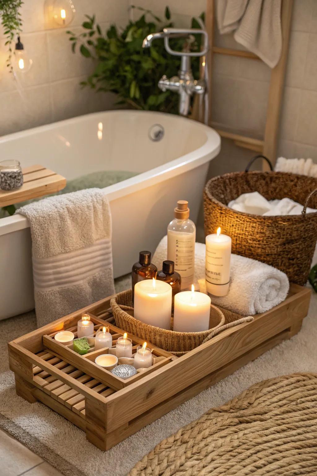 Warm timber features, such as a bath station, contribute to the bathroom's inviting appeal.