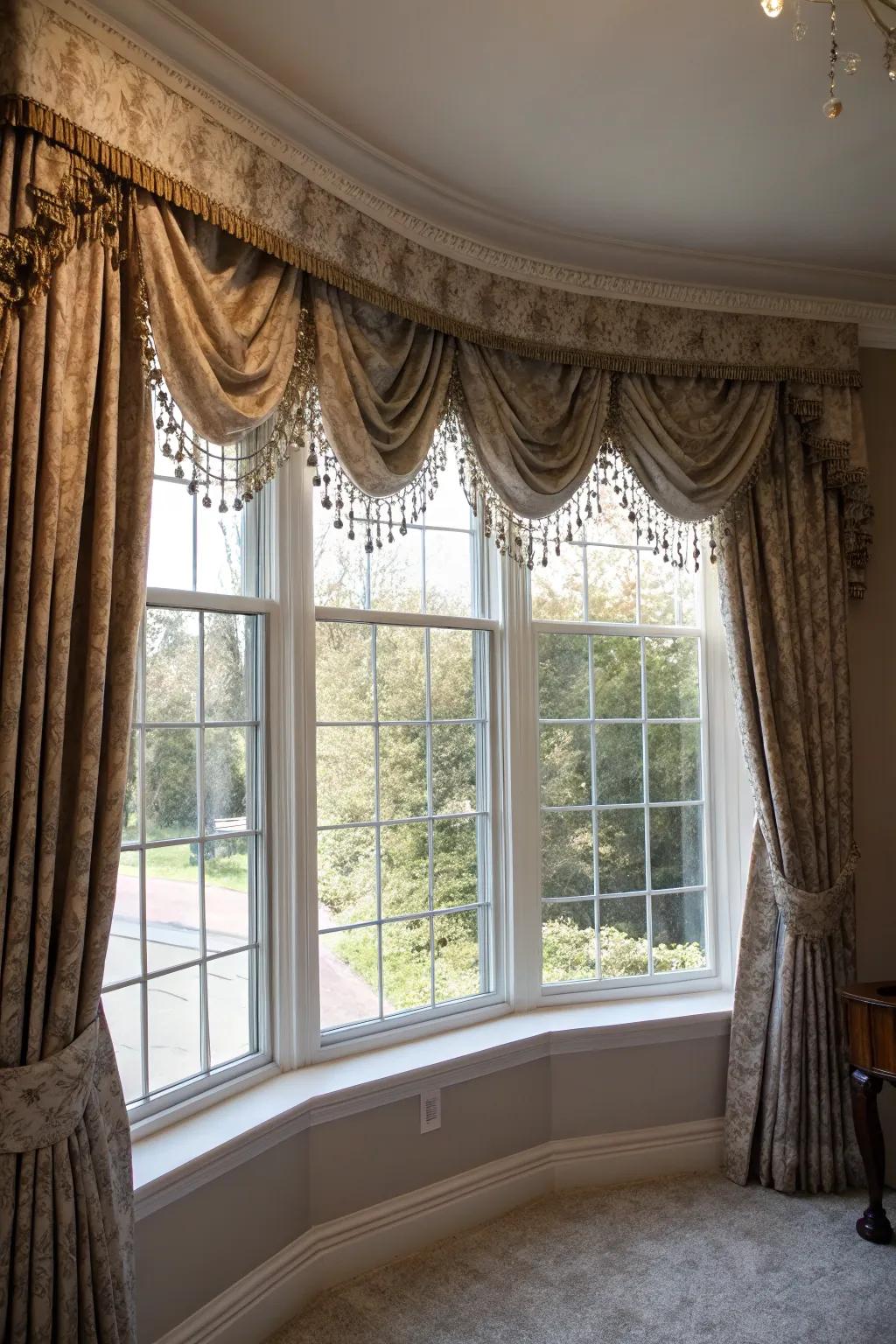 Cornices delivering an elegant finishing touch to bay window curtains.