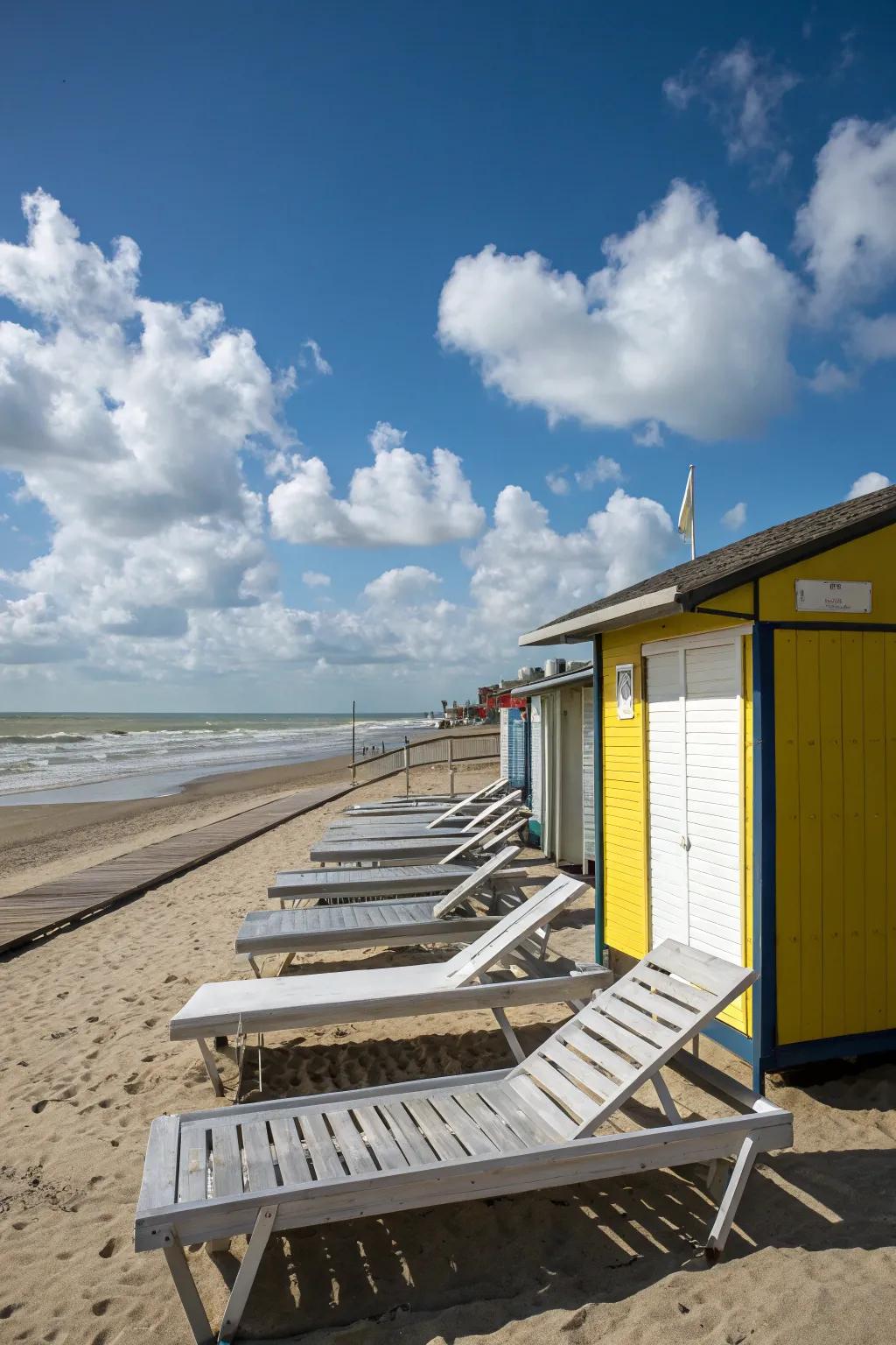 Relaxation seating offers a peaceful spot in front of the beach outbuilding.