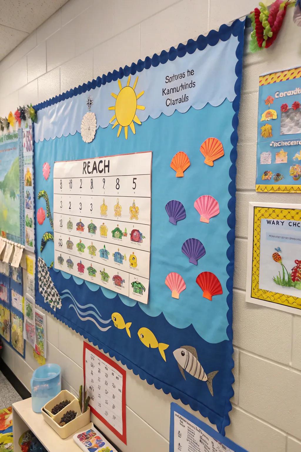 An interactive coastal calendar keeps the classroom organized and thematic.