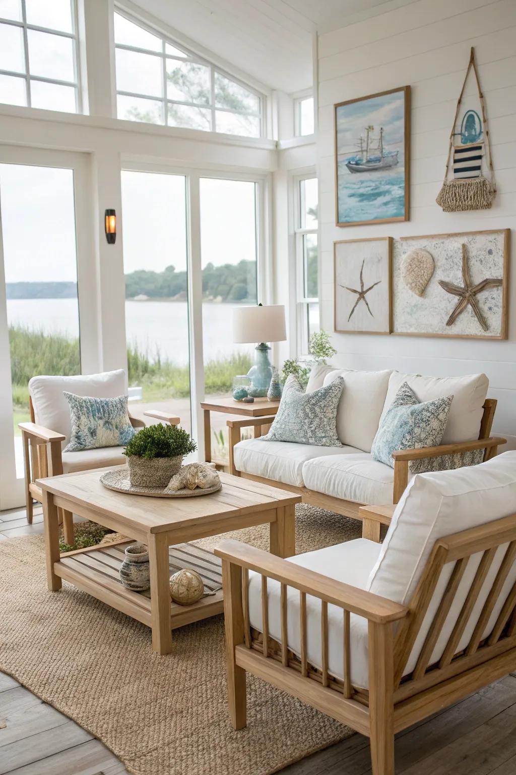 Soft furnishings fashion an inviting coastal ambiance.