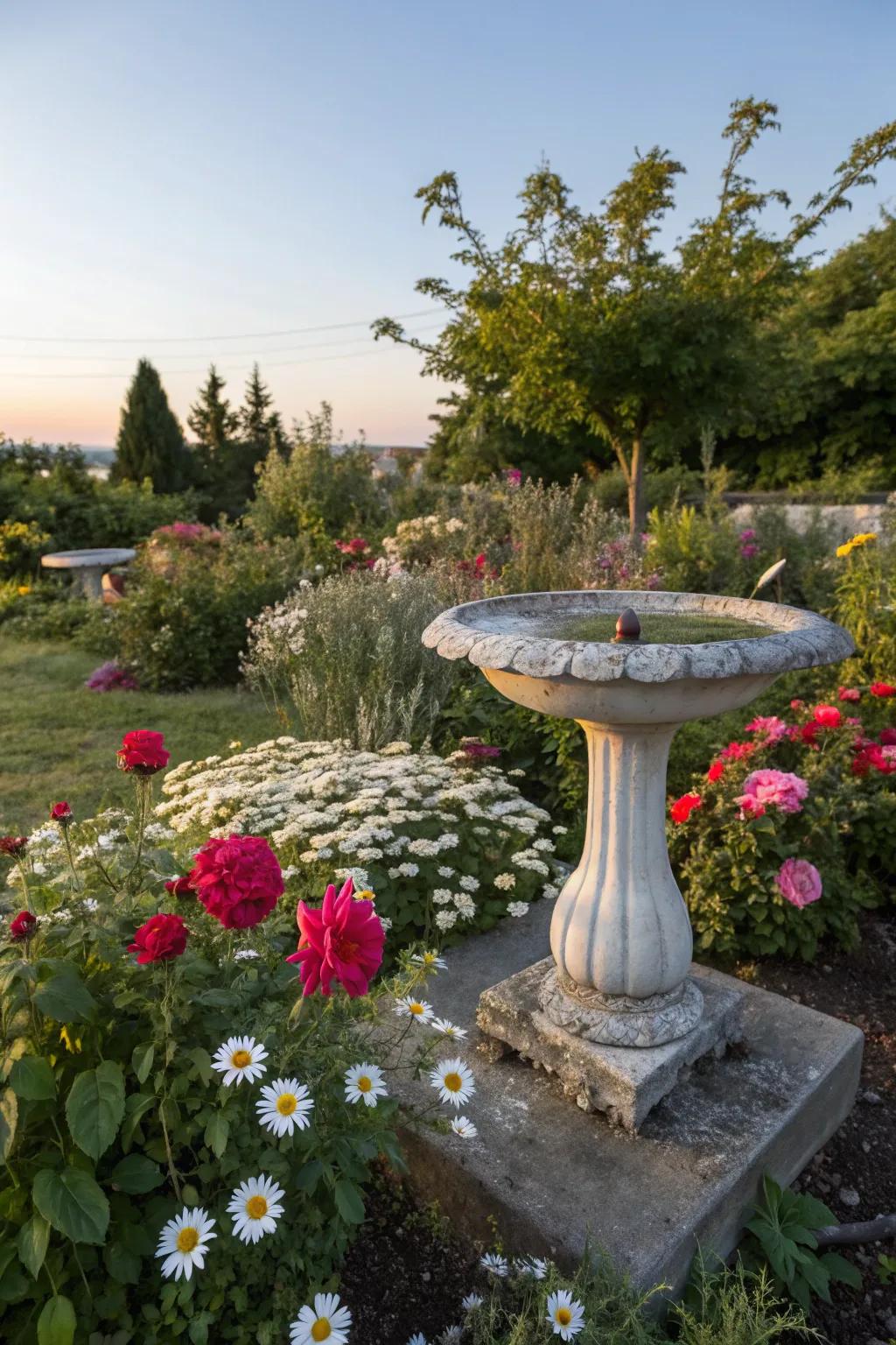 An enchanting birdbath surrounded by colorful spring flowers.