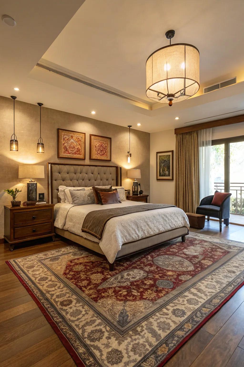 Expansive floor rugs establish a unified and spacious impression.