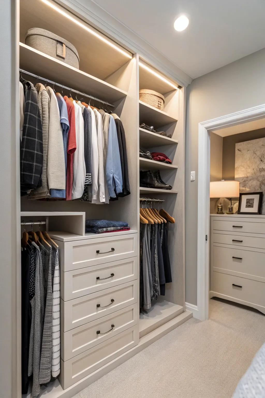 A small dresser offers more room for folded clothing.