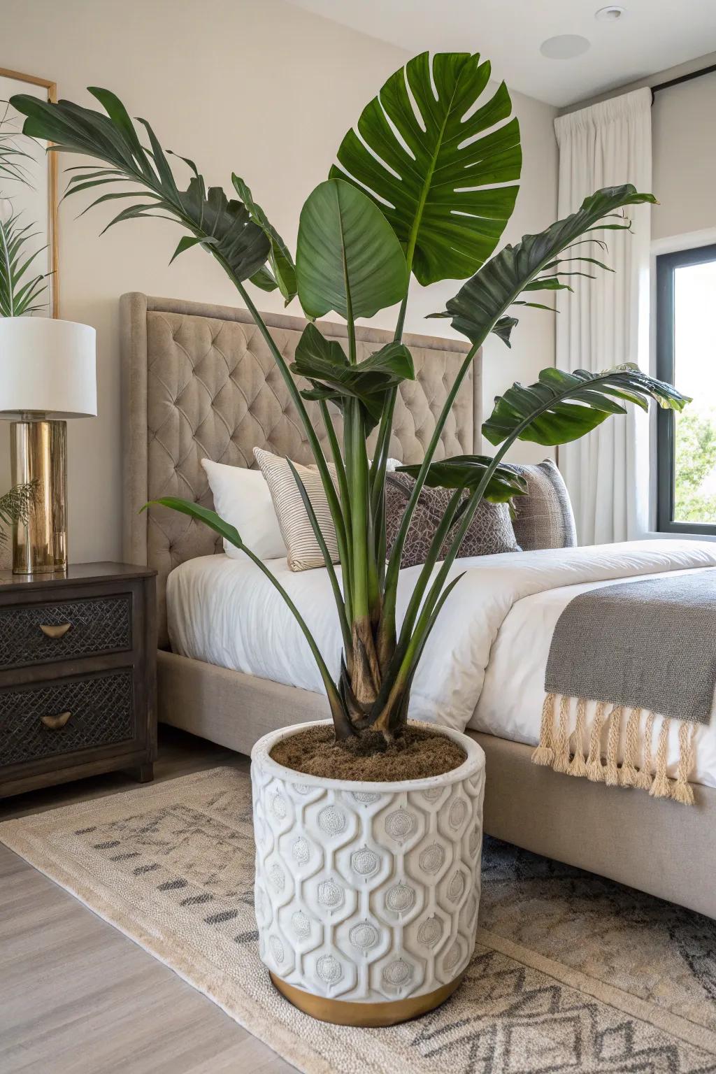 A large plant transforms your bedroom into a rich retreat.