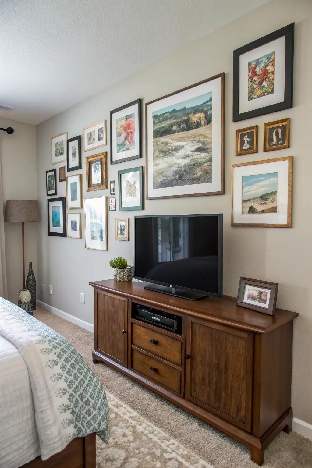 Artwork around your TV can make it an elegant element of the decor.