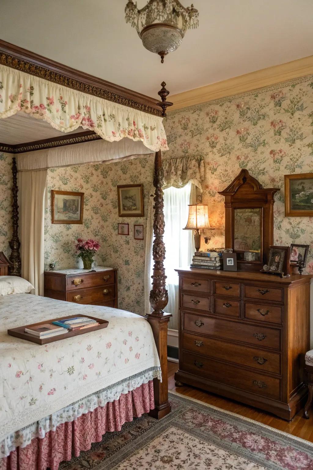 Antique wallpaper evokes charm and sentiment.