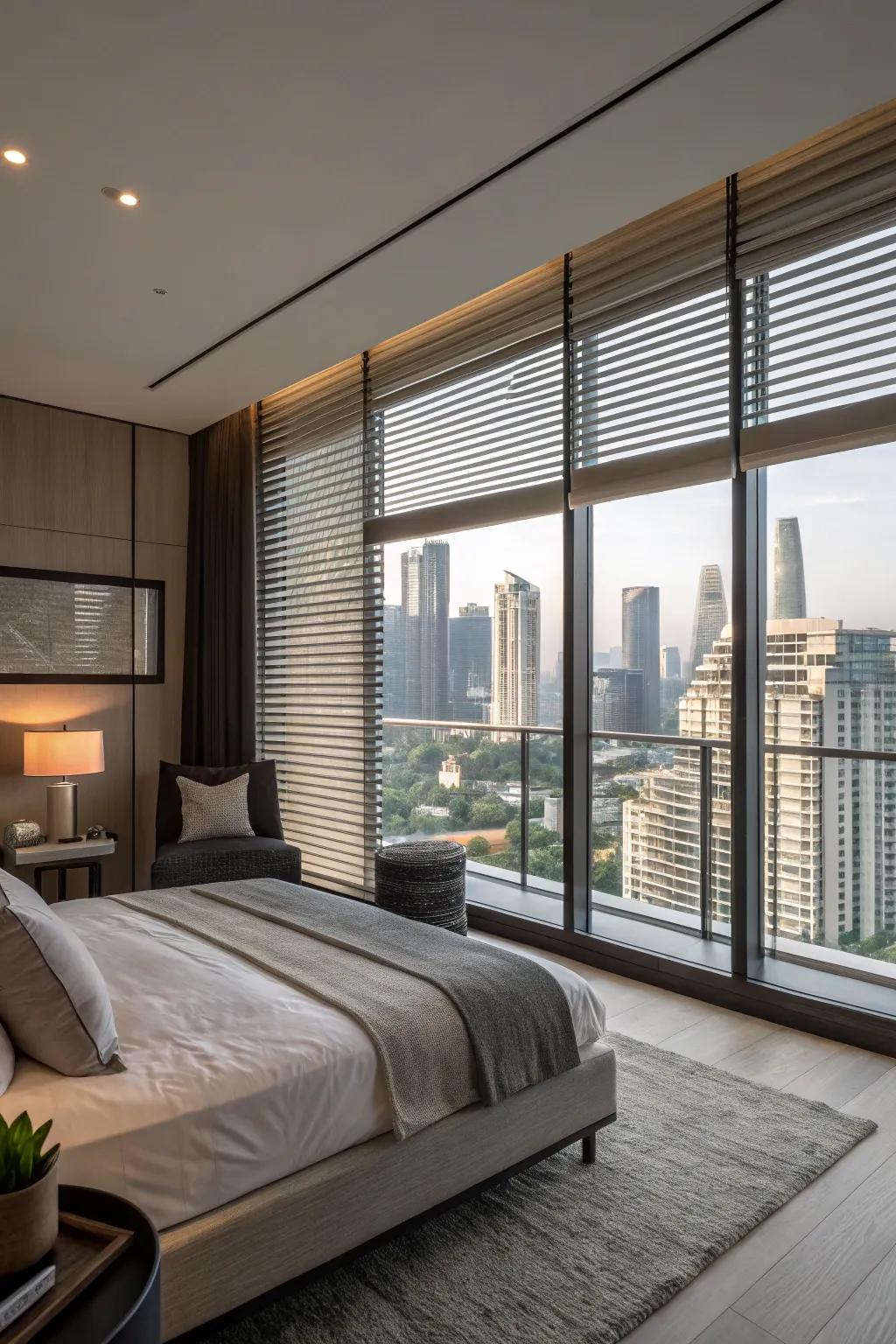 Automated shades provide modern convenience with technological sophistication.