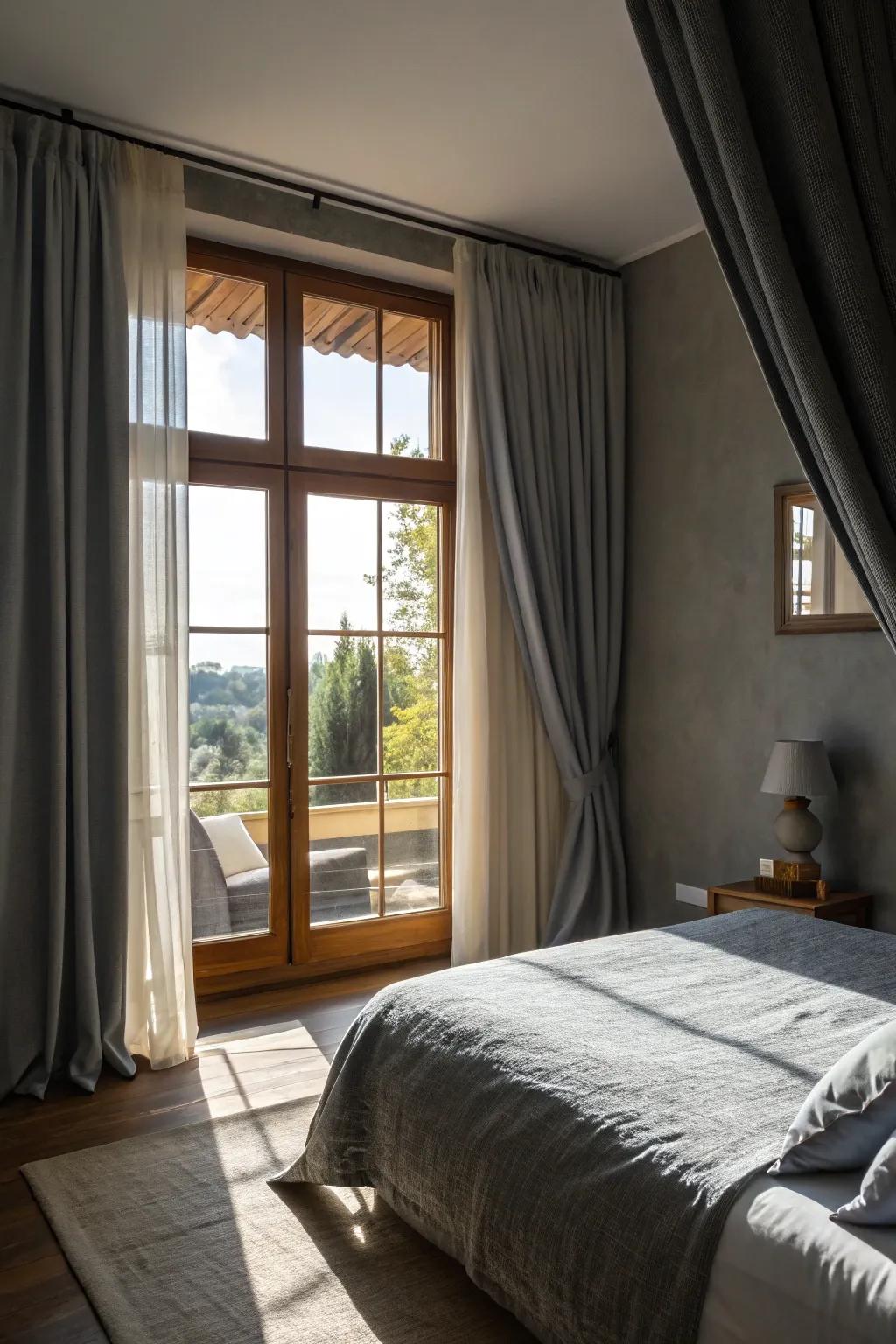 Sophisticated grey drapes surrounding a radiant window.