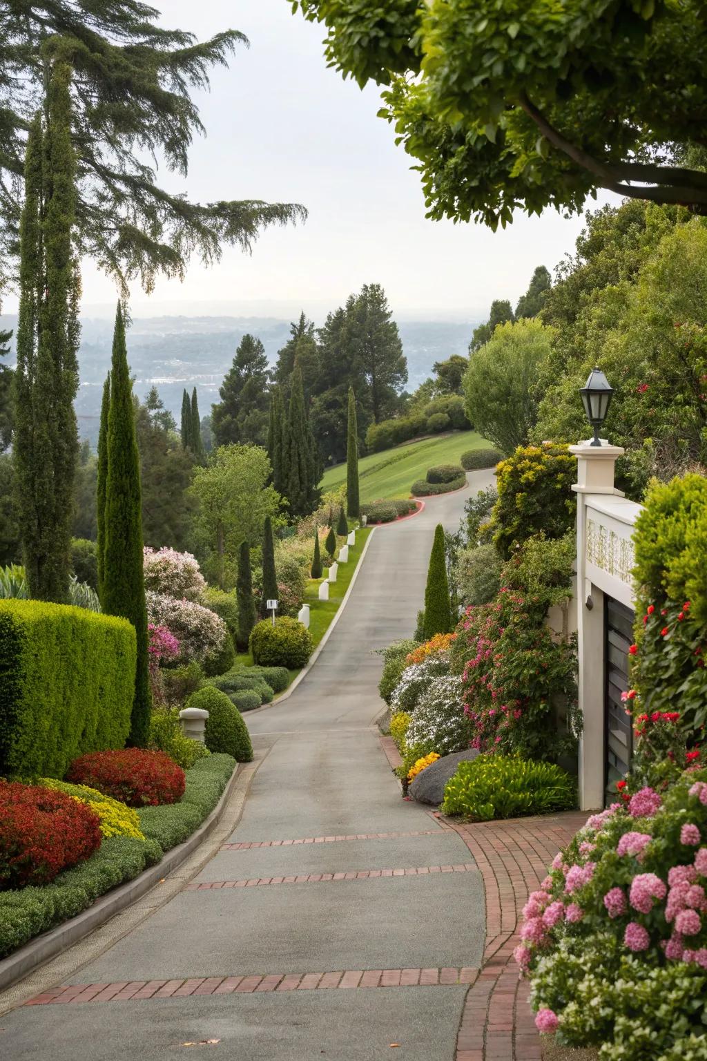 A driveway beautifully integrated with lush landscaping for enhanced curb appeal.