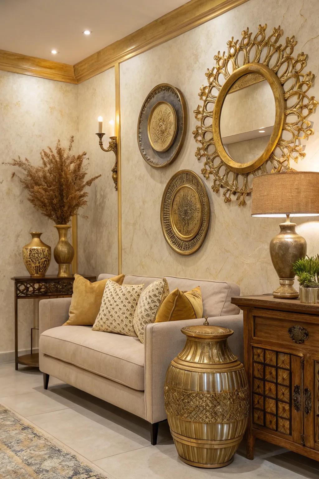 Metallic accents enrich this beige interior with a glamorous flair.