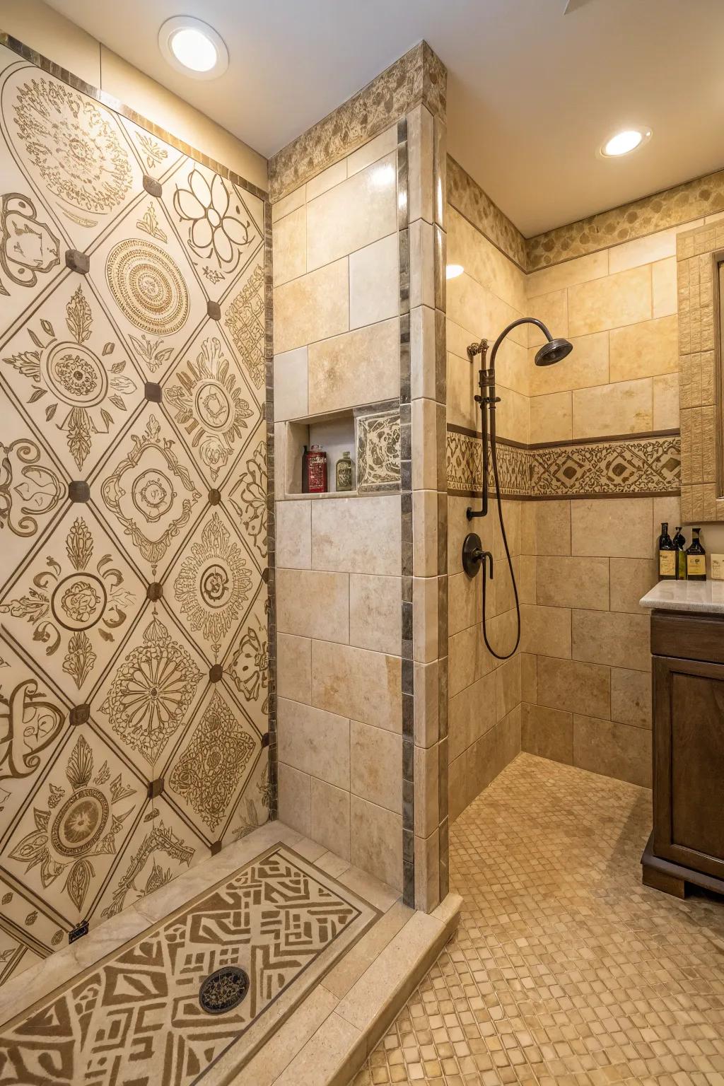 Patterned squares contribute a playful accent to a neutral shower.