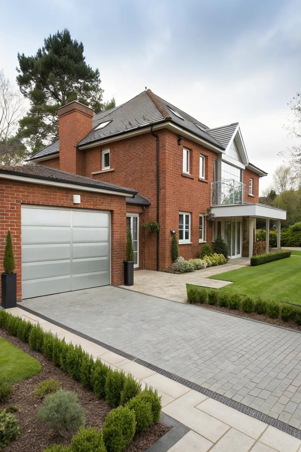Aluminum garage doors offer a sleek, modern twist to red brick homes.