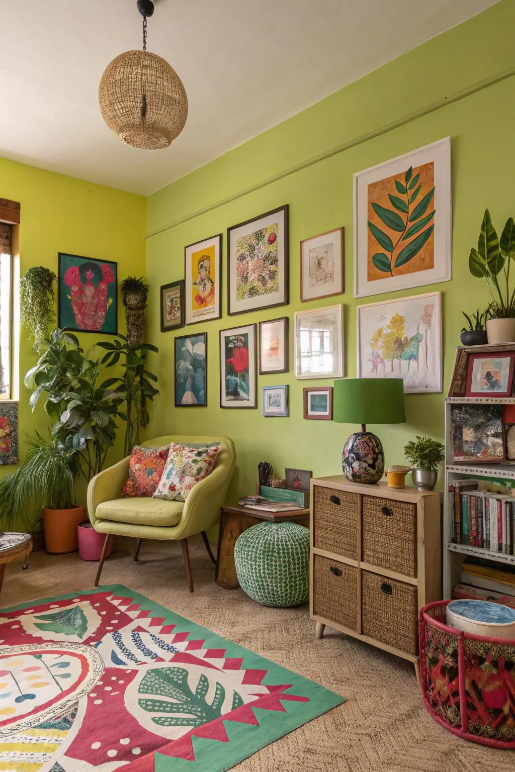 A vibrant studio space with lively chartreuse walls.
