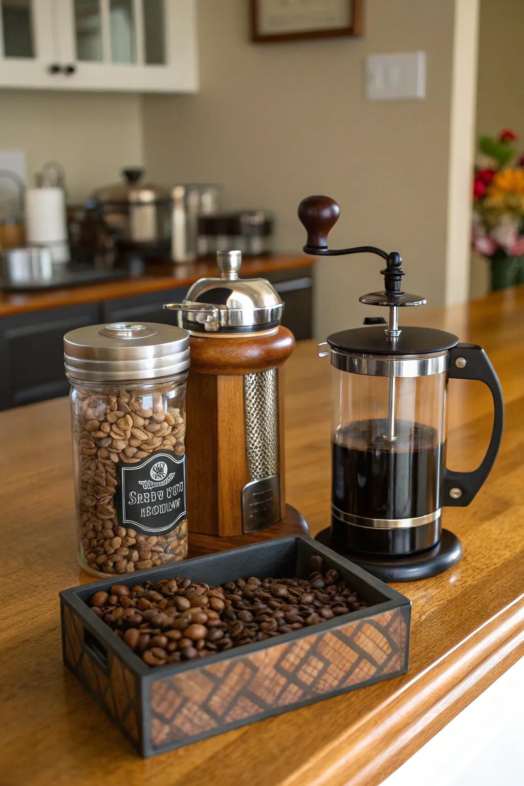 An upscale coffee arrangement constitutes a thoughtful present for coffee aficionados.